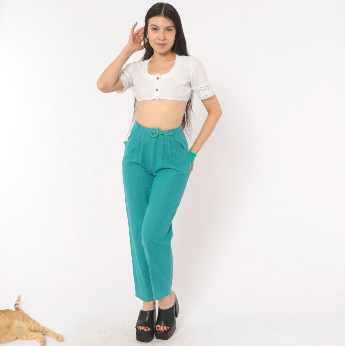 80s Teal High-Waist Pleated Tapered Trousers Eyelet Pockets Extra Small XS