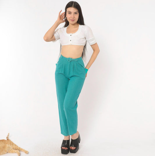 80s Teal High-Waist Pleated Tapered Trousers Eyelet Pockets Extra Small XS