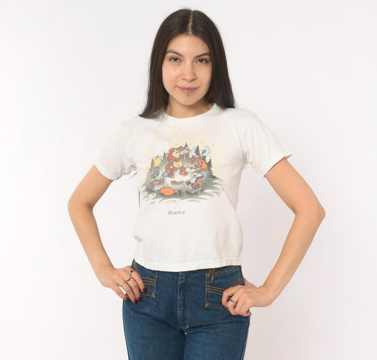 80s Alaska Campfire Animals Graphic Crop Top Gildan Cotton White XS
