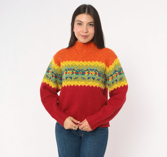 90s Express Tricot Fair Isle Wool Mock Neck Sweater Multicolor Medium M