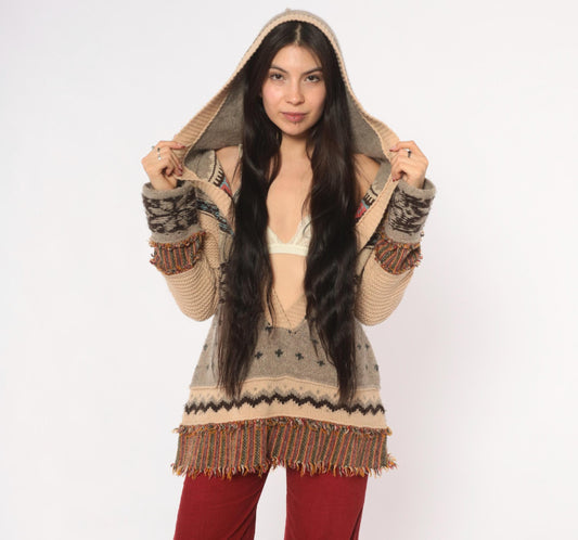 Free People 2000s Patchwork Fair Isle Hoodie Deep V Neck Fringe Medium M