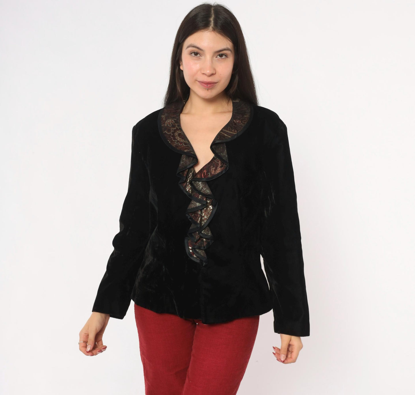 90s Patra Black Velvet Blazer Burgundy Gold Brocade Ruffle Collar Large L