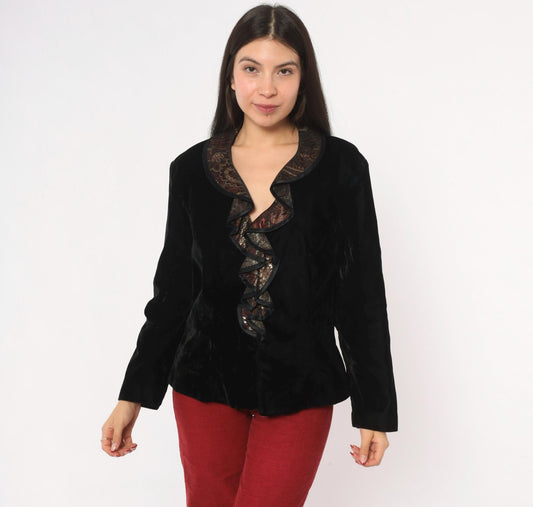 90s Patra Black Velvet Blazer Burgundy Gold Brocade Ruffle Collar Large L
