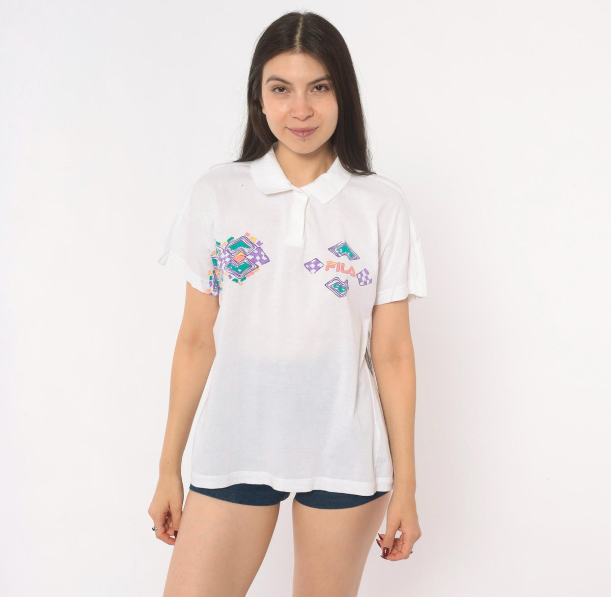 80s Fila Geometric Polo White Cotton Diamond Pattern Large