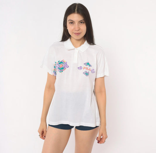 80s Fila Geometric Polo White Cotton Diamond Pattern Large