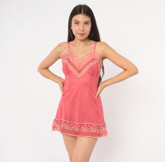 70s Rose Pink Babydoll Chemise Lace Trim Embroidered Floral Mini Slip Small