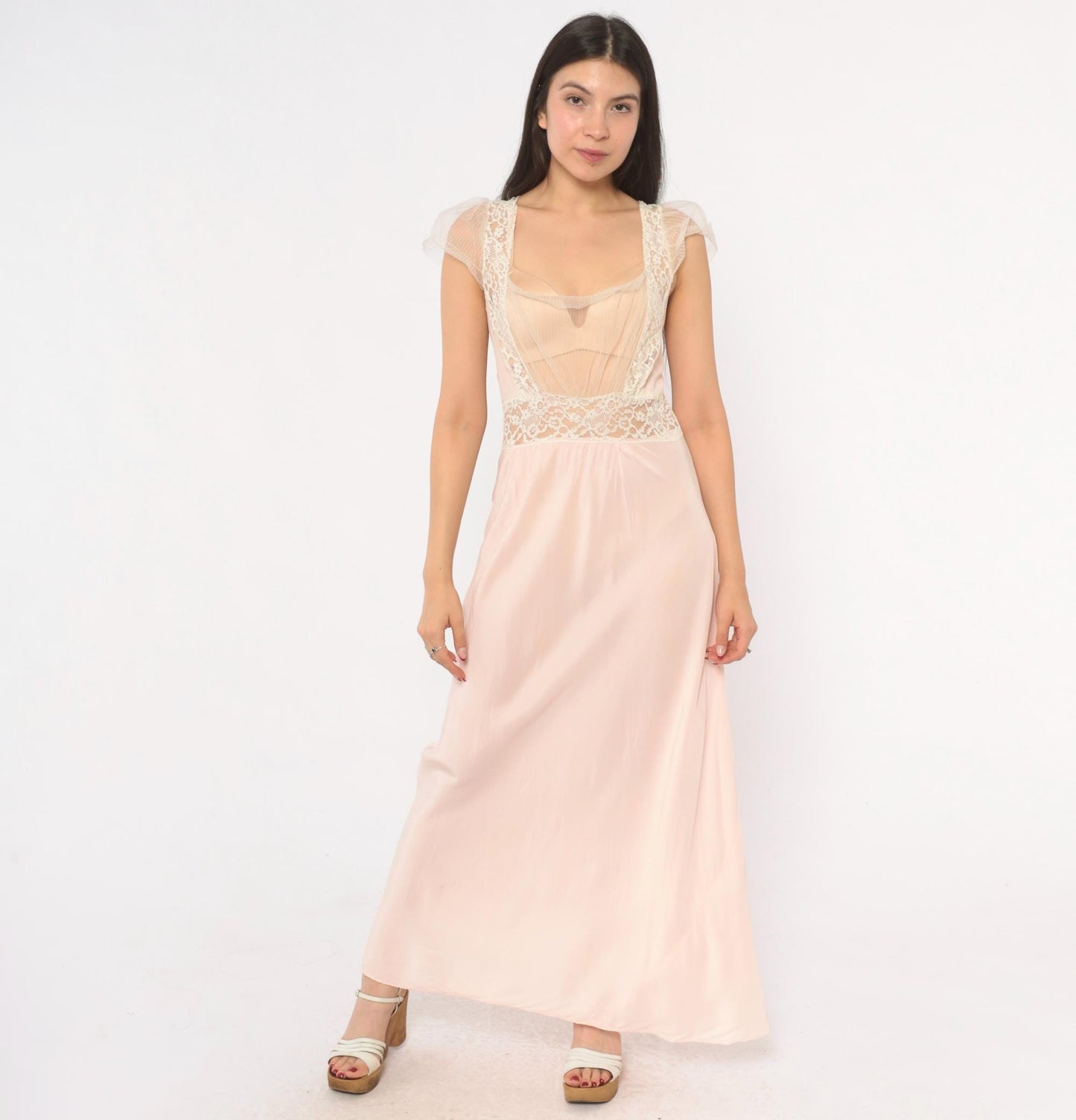 1950s Blush Pink Nylon Nightgown Maxi Slip Lace Trim Cap Sleeve Large L