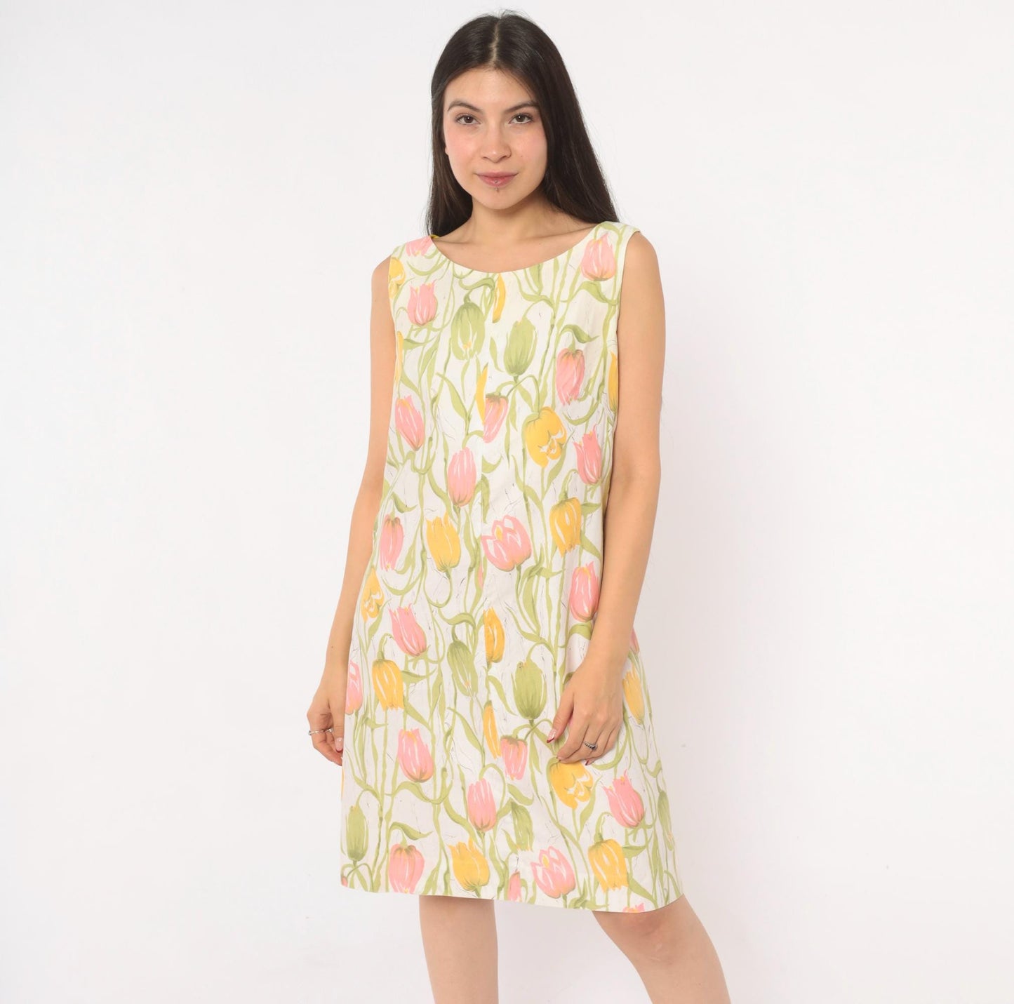 70s Tulip Print Shift Dress Sleeveless A-Line Scoop Neck Cotton Small