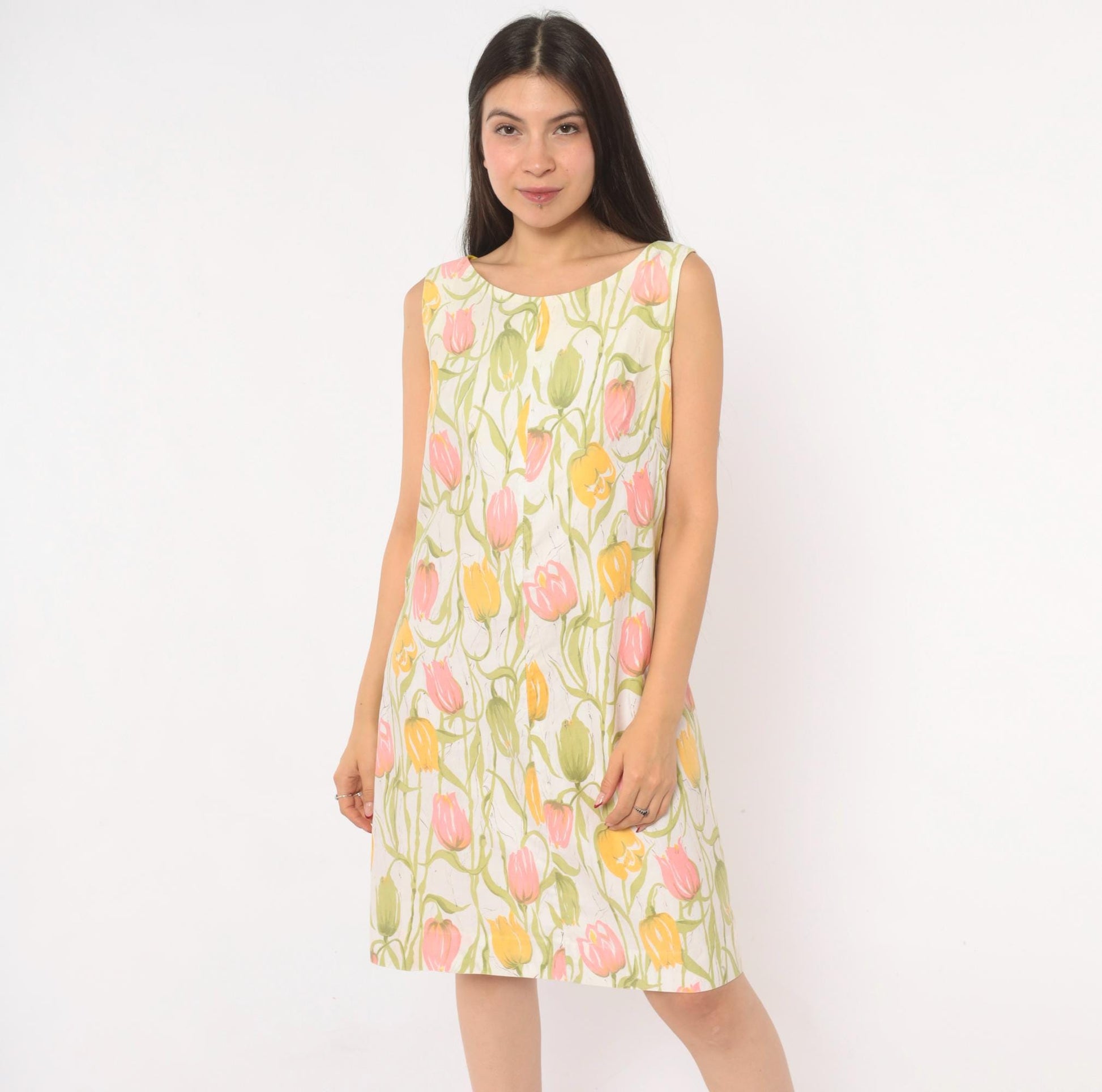 70s Tulip Print Shift Dress Sleeveless A-Line Scoop Neck Cotton Small
