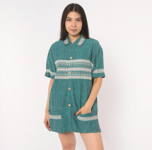 90s Teal Woven Shirt Jacquard Folk Pattern Cotton Collared Camp Large