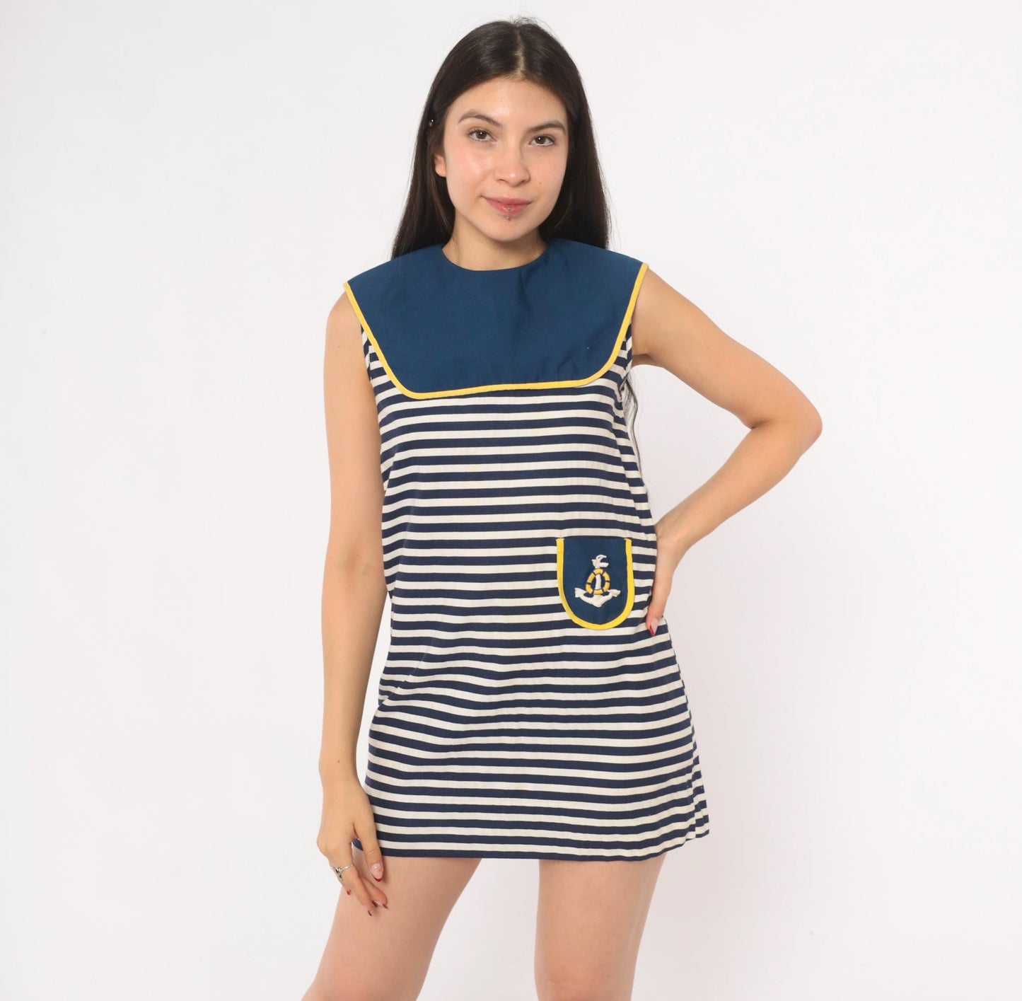 60s Nautical Mini Sailor Dress Navy White Striped Cotton Anchor Embroidered XS
