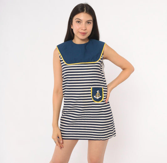 60s Nautical Mini Sailor Dress Navy White Striped Cotton Anchor Embroidered XS