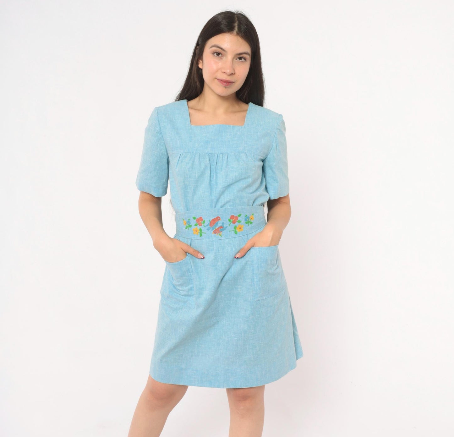 70s Sky Blue Cotton Dress Square Neck Puff Sleeve Bird Floral Print Small