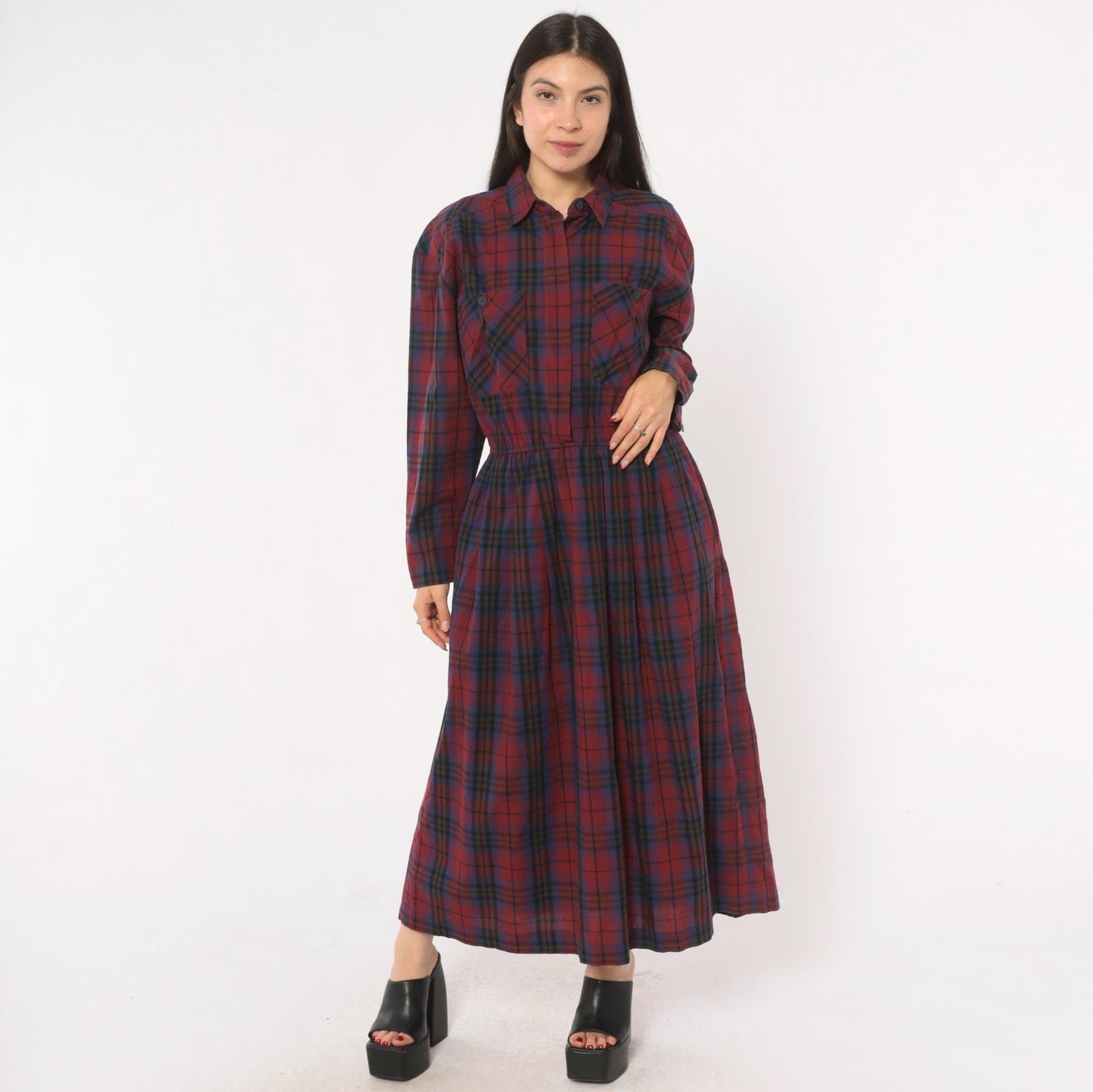80s Dépèche Mode Plaid Maxi Dress Burgundy Navy Cotton Shirt Collar Medium