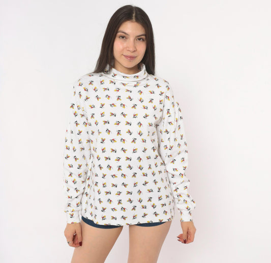 90s Mickey & Co Turtleneck All Over Print White Graphic Long Sleeve Medium M