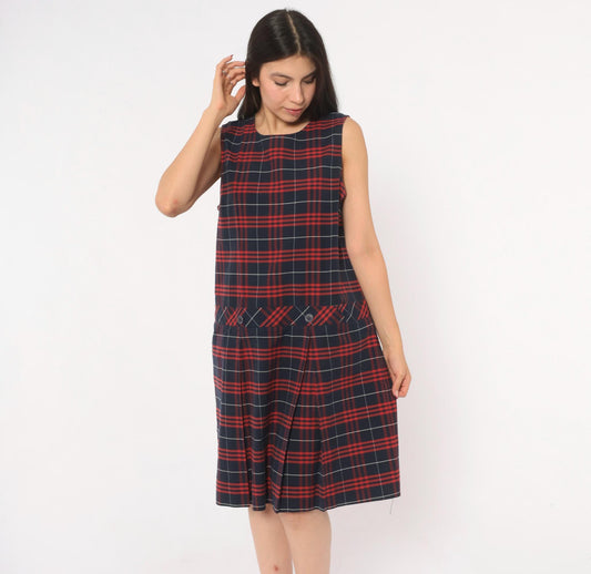 80s Fontaine Apparel Navy Red Tartan Plaid Drop Waist Dress Cotton Medium M