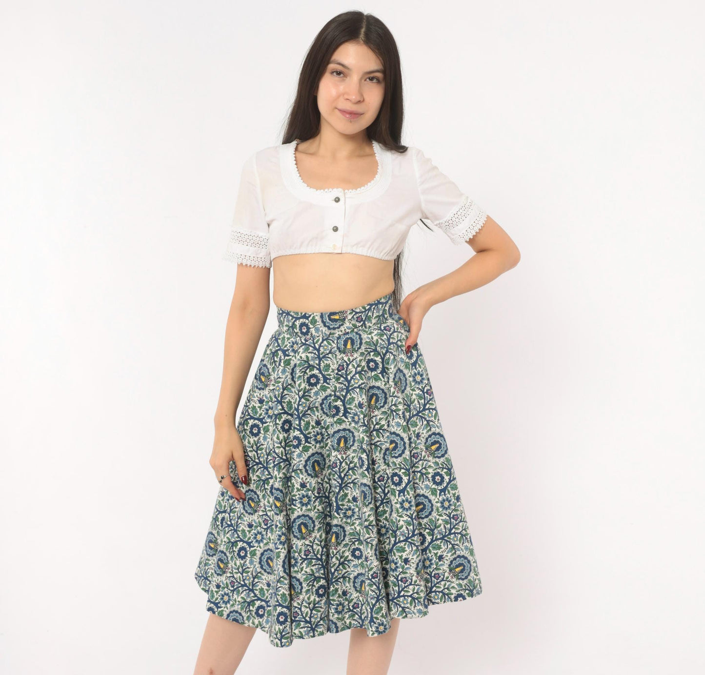 1950s Peacock Bird Circle Skirt Cotton Floral High Waist Blue Ivory Extra Small XS