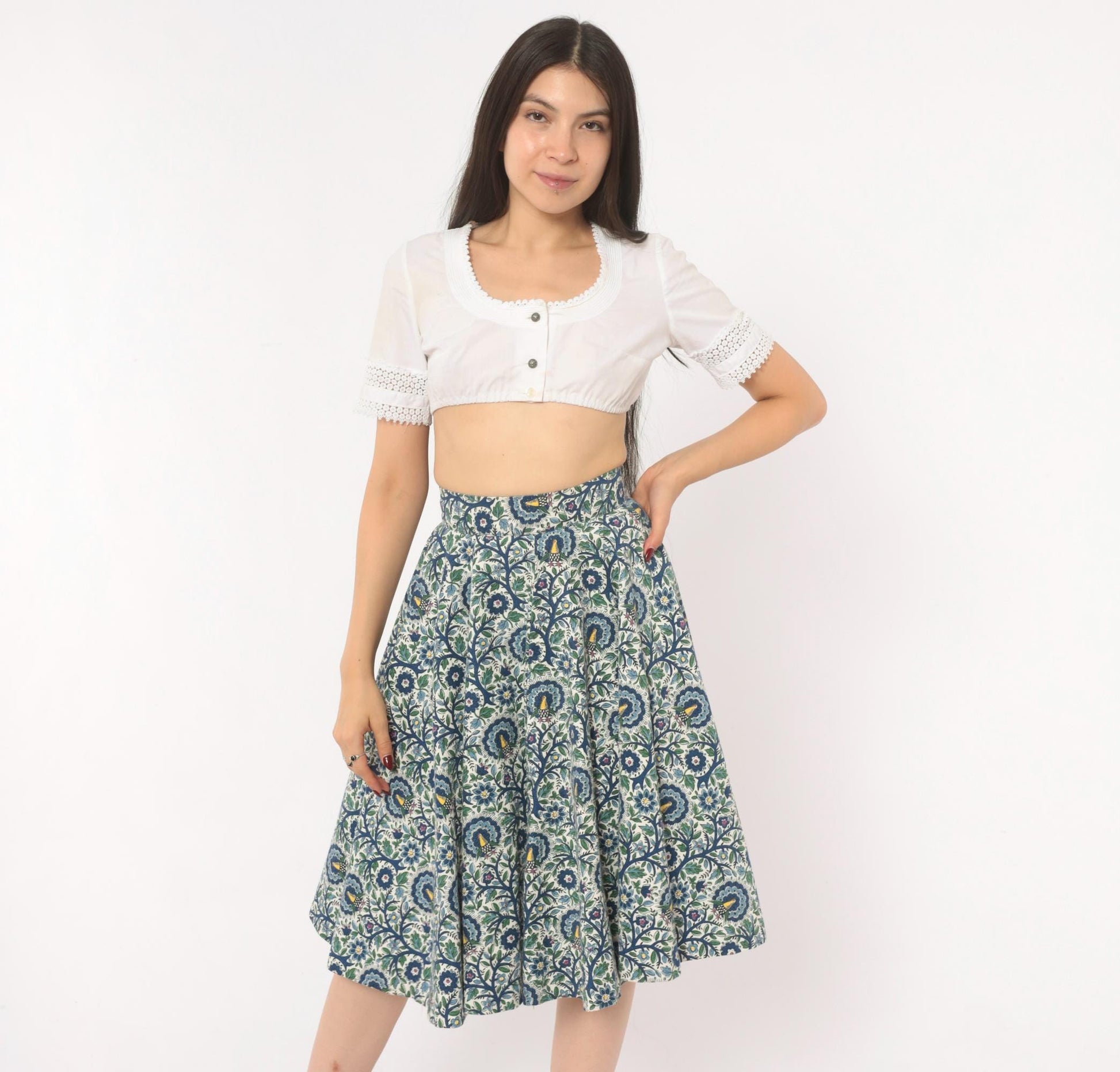 1950s Peacock Bird Circle Skirt Cotton Floral High Waist Blue Ivory Extra Small XS