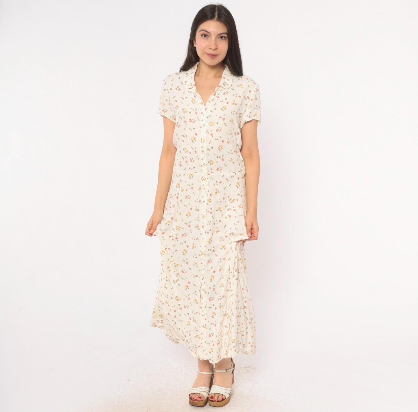 Reformation Ditsy Floral Maxi Dress Cream Pink Button Front Collared Large