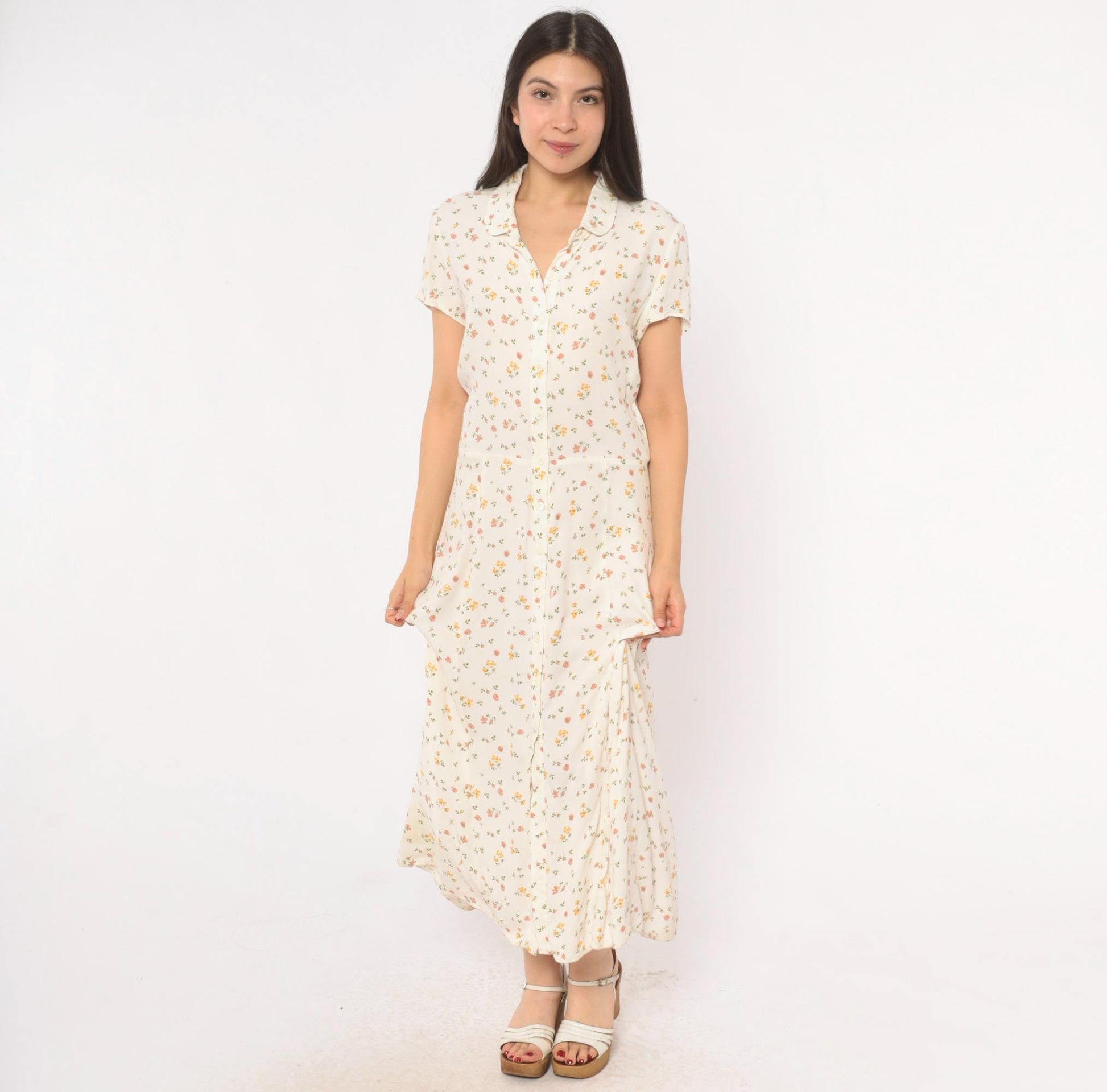 Reformation Ditsy Floral Maxi Dress Cream Pink Button Front Collared Large