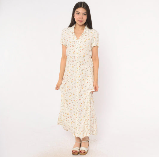 Reformation Ditsy Floral Maxi Dress Cream Pink Button Front Collared Large