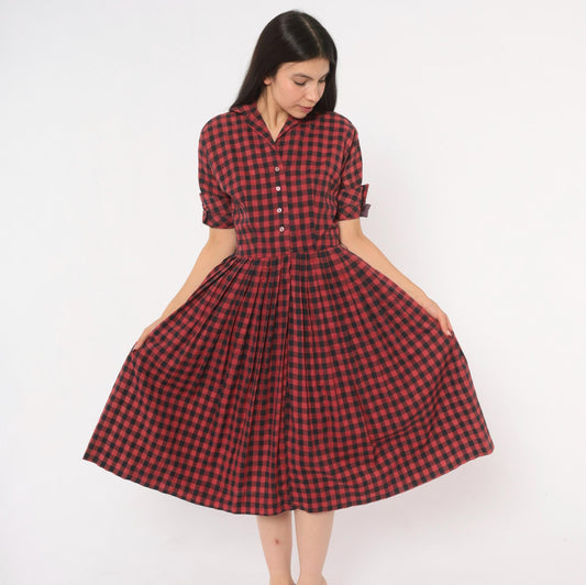 60s Meg Marlowe Buffalo Check Shirtdress Burgundy Black Plaid Cotton Small