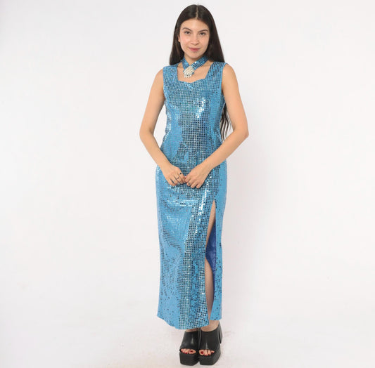 80s Ice Blue Sequin Maxi Dress Choker Neck Keyhole Sleeveless Small