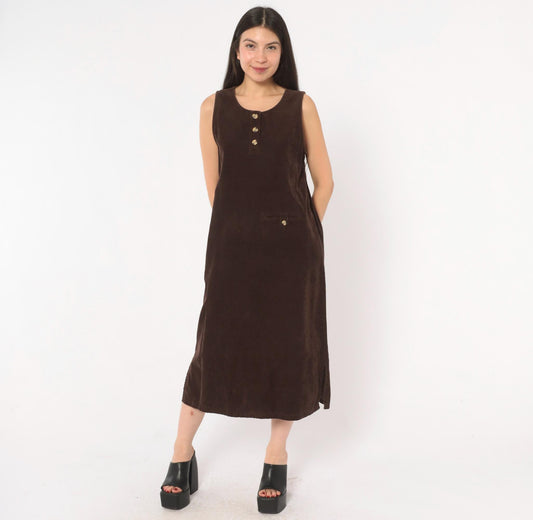 90s Brown Corduroy Midi Jumper Dress Henley Neckline Shift Small S