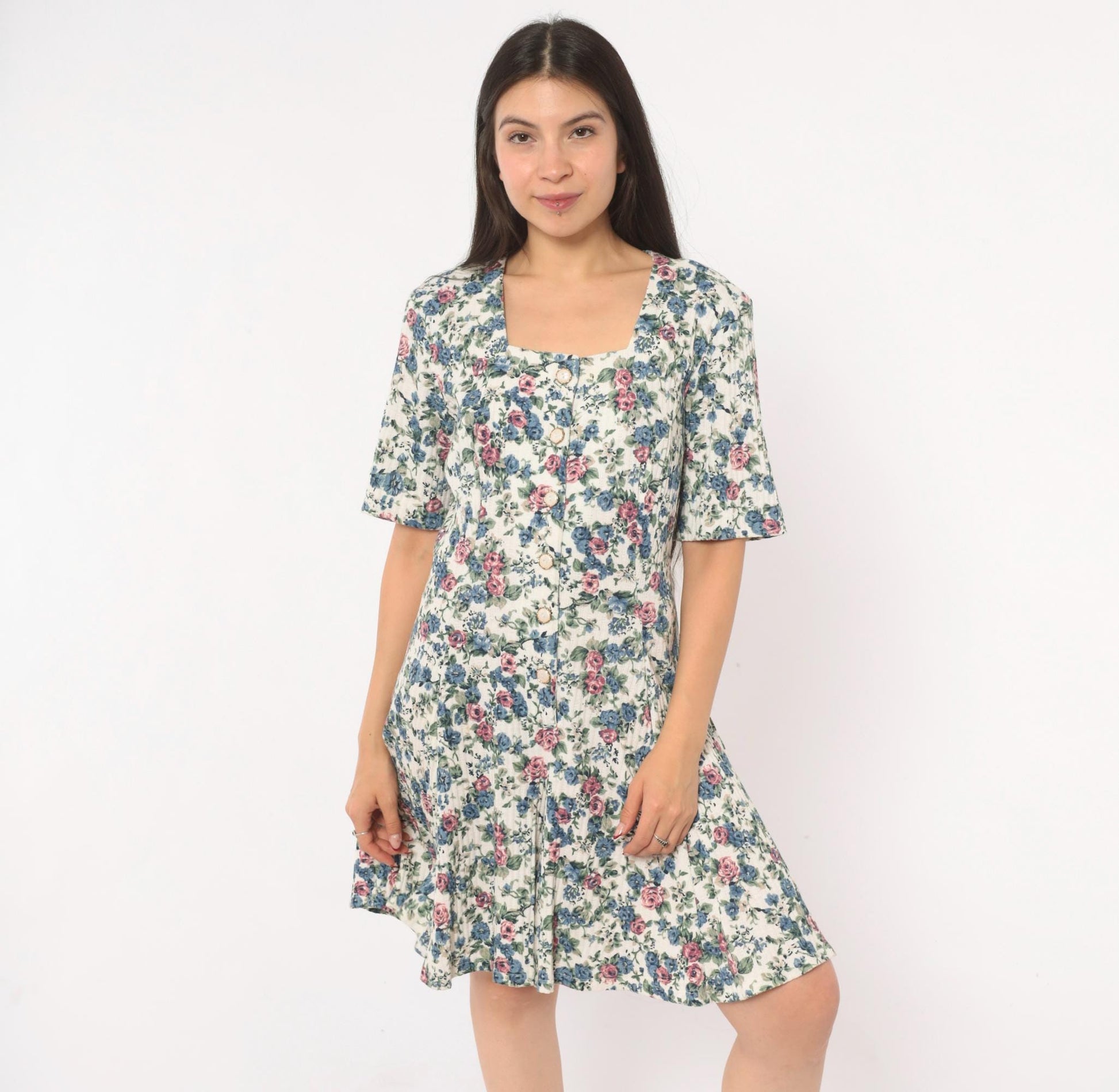 90s Floral Button Front Romper Square Neck Blue Pink Rose Ivory Medium M