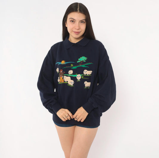 80s Tulchan Navy Collared Sweatshirt Embroidered Sheep Pastoral Scene Large L