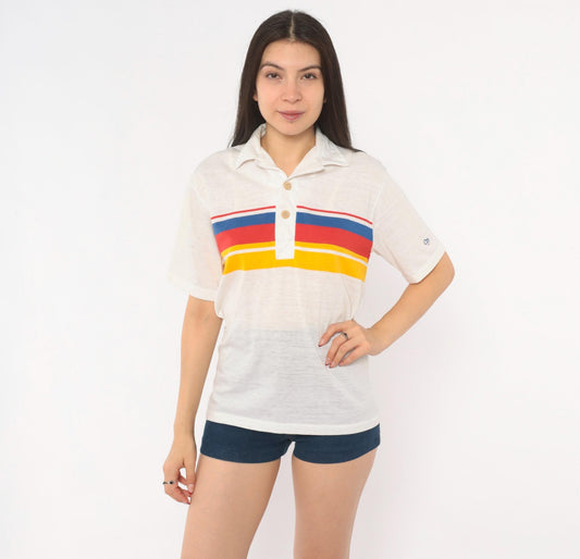 80s Ocean Pacific Polo Striped Chest Band Cotton Surf Collared Tee Small S