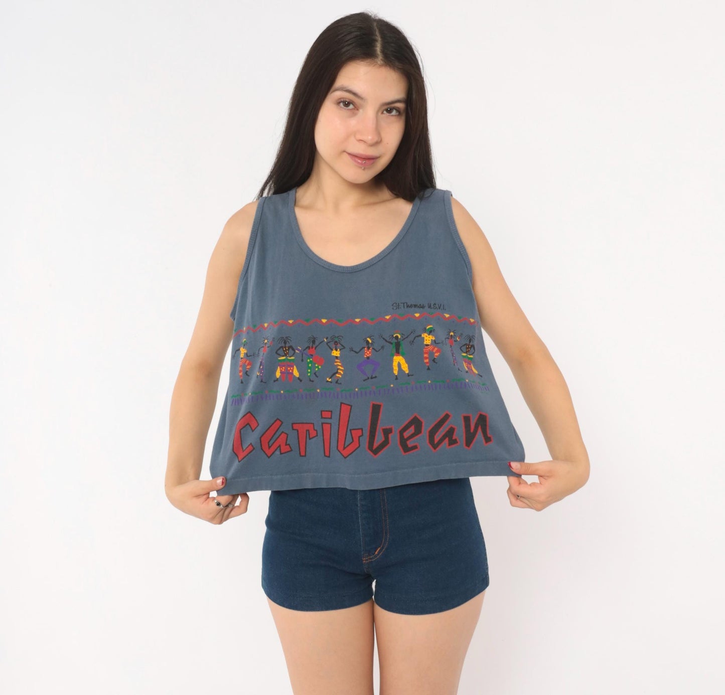 90s Alore Caribbean Dancer Crop Tank St Thomas Blue Cotton Medium