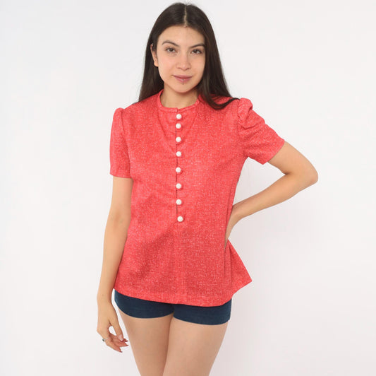 70s Red Puff Sleeve Blouse White Button Front Mandarin Collar Medium M