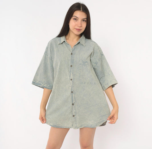 90s JJ Blu Acid Wash Denim Shirt Camp Collar Cotton Large L