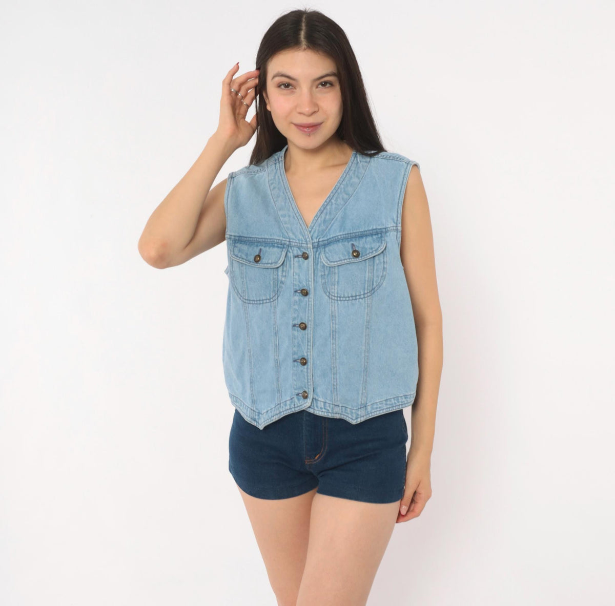 90s Light Blue Denim Vest Cotton Button Front Cropped Medium M