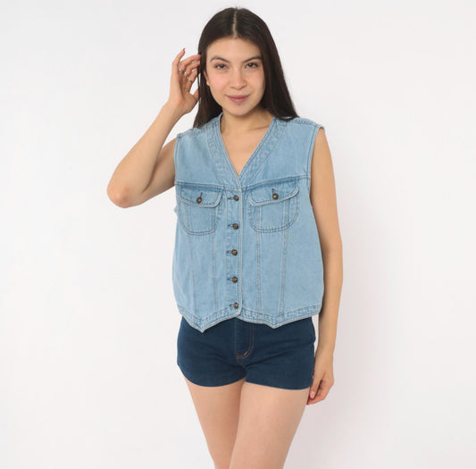 90s Light Blue Denim Vest Cotton Button Front Cropped Medium M