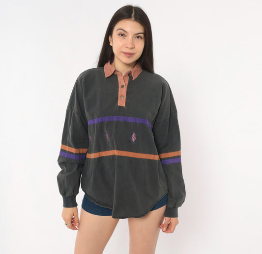 90s Roper Southwestern Rugby Polo Grey Purple Stripe Embroidered Medium M