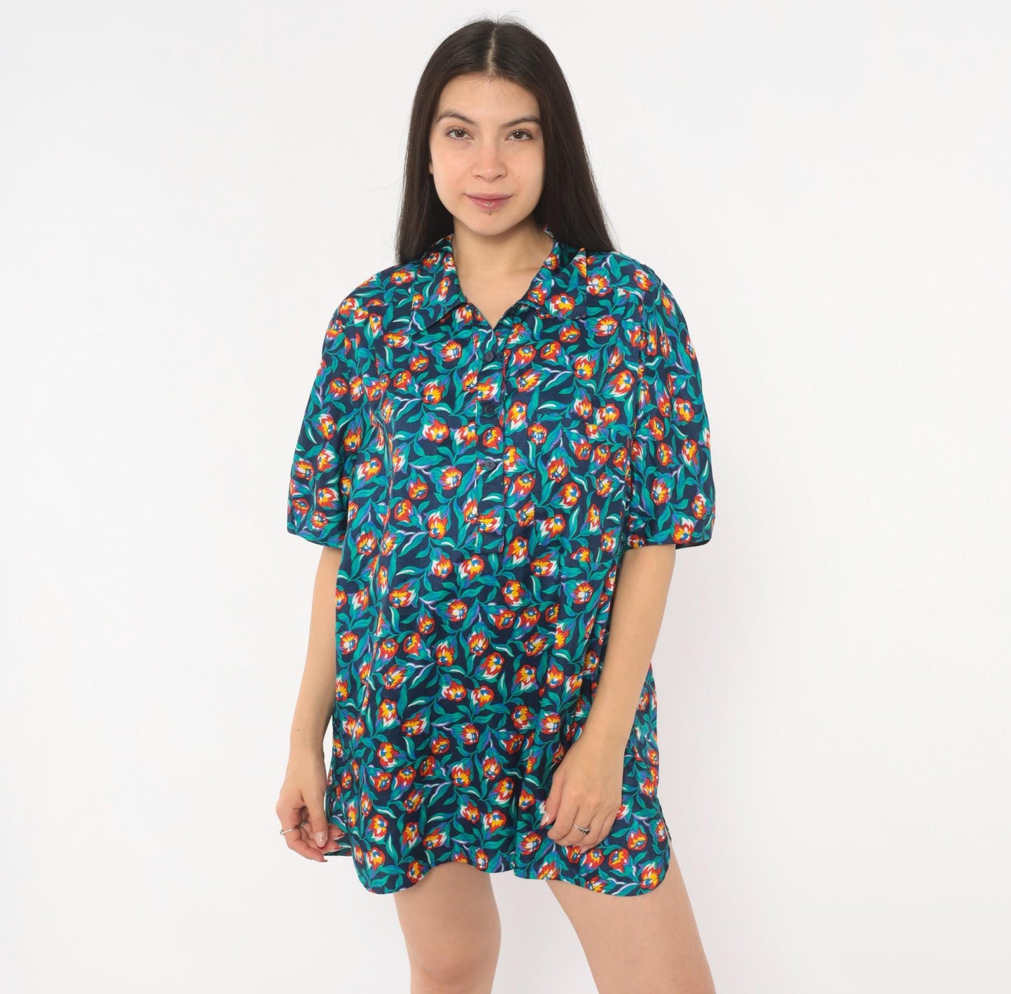 80s Josephine Floral Print Shirt Navy Tulip Blouse Collared Large L