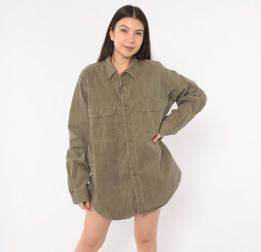 90s L.L.Bean Flannel Lined Work Shirt Olive Denim Cotton Button Front Extra Large XL