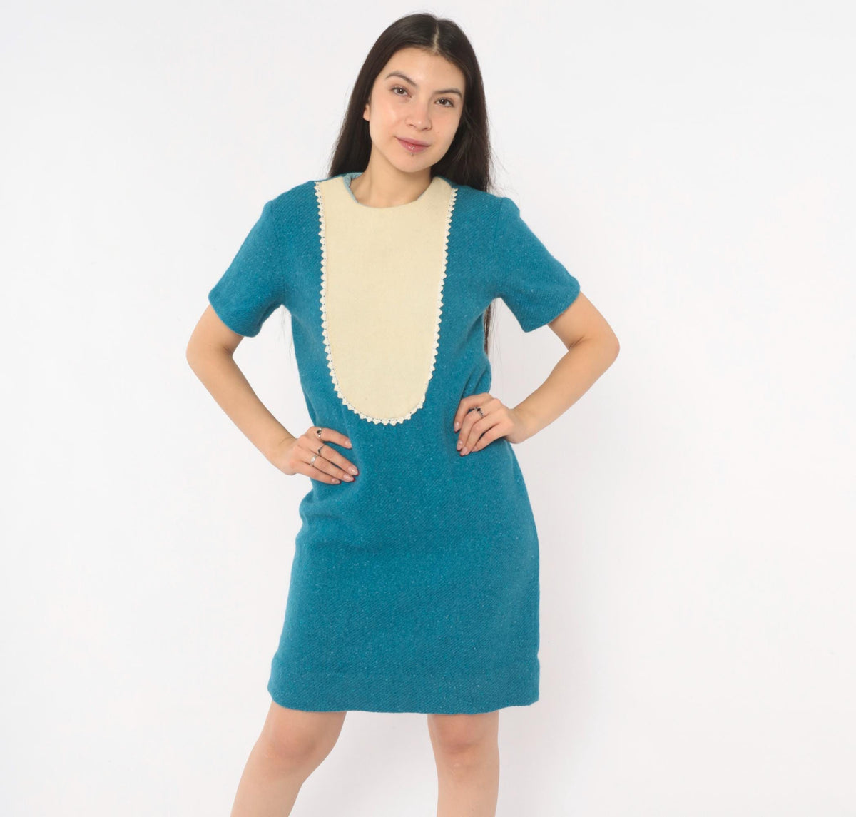 1960s Teal Wool Shift Dress Cream Bib Panel Lace Trim Knee Length Small
