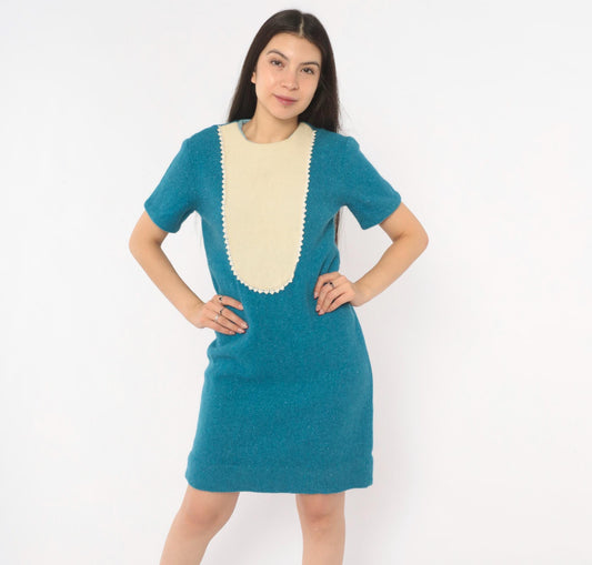 1960s Teal Wool Shift Dress Cream Bib Panel Lace Trim Knee Length Small