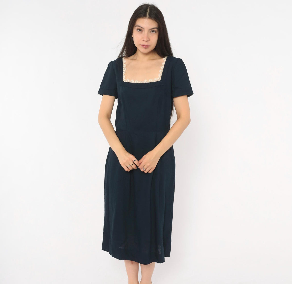 60s Navy Dress Square Neck Lace Trim A-Line Short Sleeve Side Zip Medium M