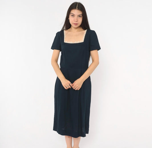 60s Navy Dress Square Neck Lace Trim A-Line Short Sleeve Side Zip Medium M