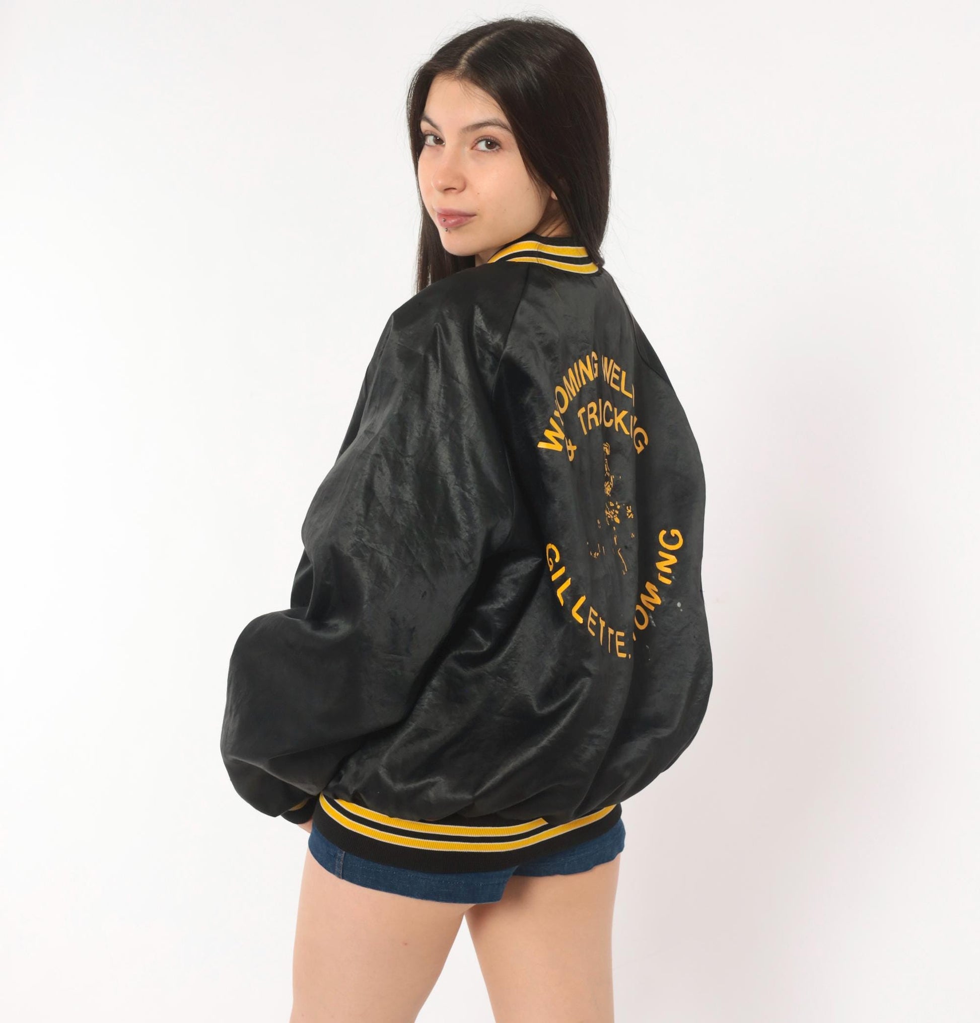80s King Louie Pro Fit Wyoming Welding Satin Bomber Jacket Black Gold Large L