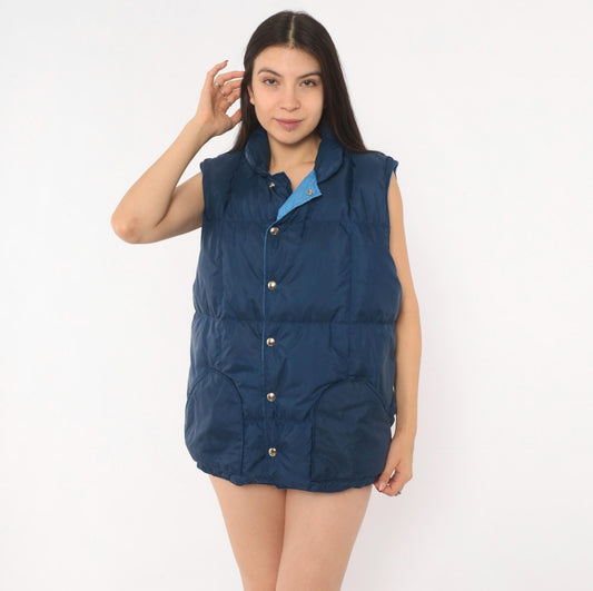 80s Sierra Designs Navy Puffer Vest Snap Front Down Quilted Large L