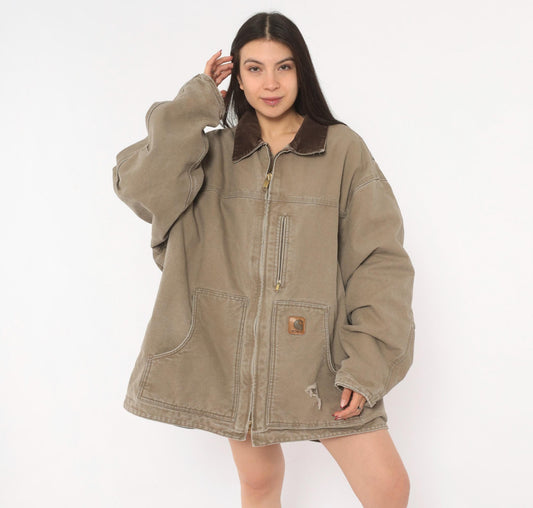 2000s Carhartt Duck Canvas Chore Coat Tan Brown Lined XXL