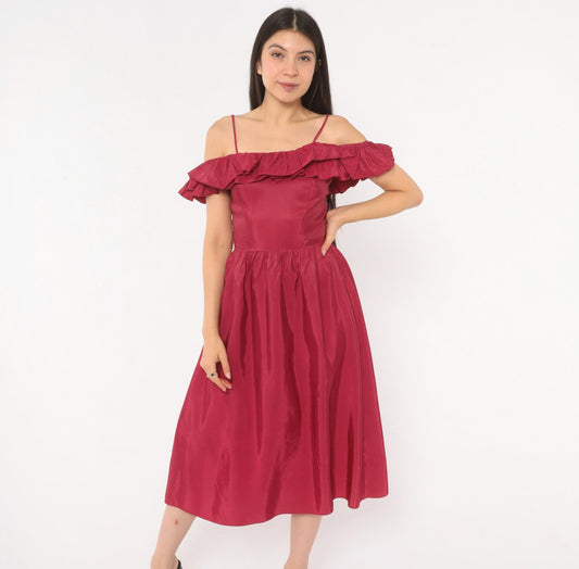 80s Raspberry Off-Shoulder Midi Dress Ruffle Gathered Skirt Extra Small