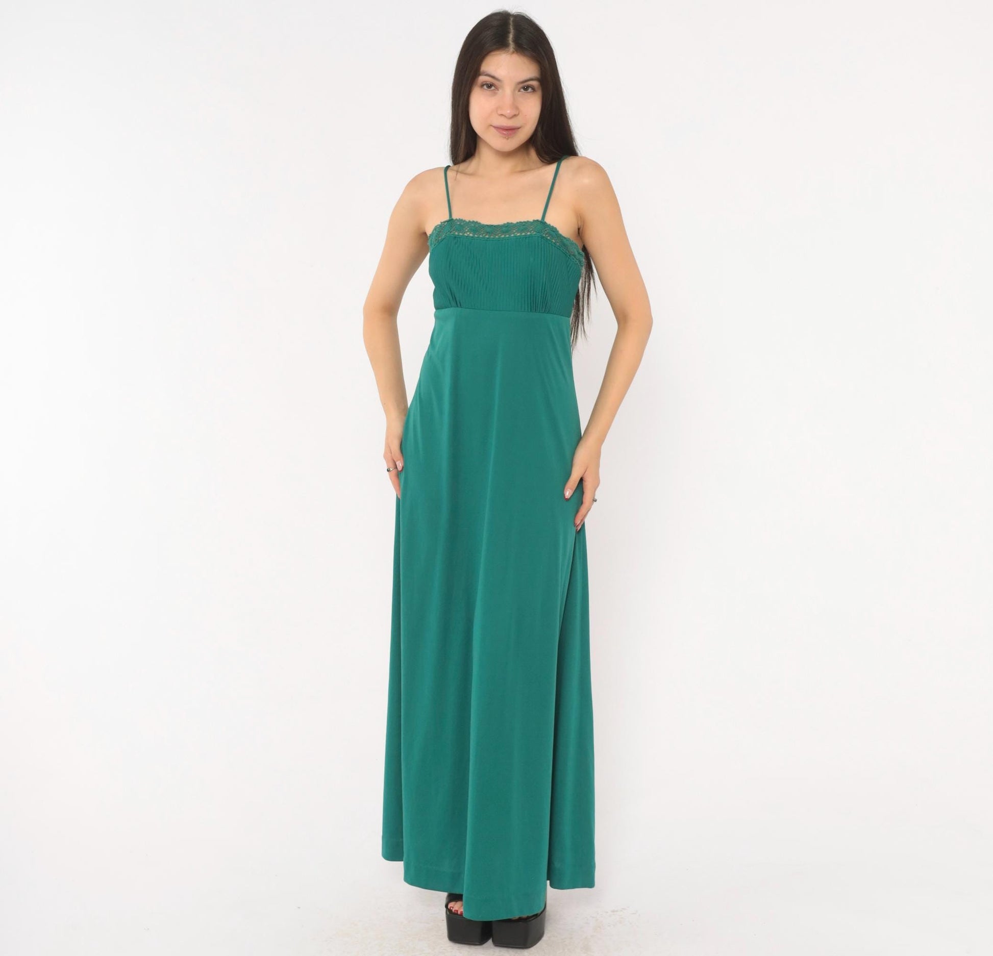 70s Teal Crochet Lace Maxi Dress Empire Waist Spaghetti Strap Extra Small