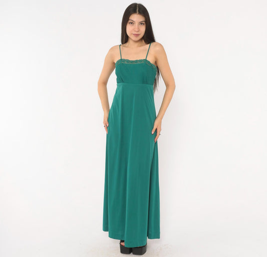 70s Teal Crochet Lace Maxi Dress Empire Waist Spaghetti Strap Extra Small