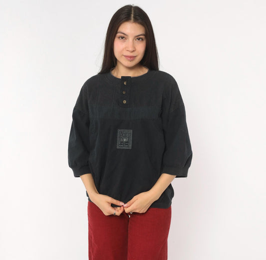 90s Street Scenes Black Corduroy Henley Three-Quarter Sleeve Medium
